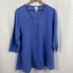 Match Point Blue 100% Linen Lagenlook Artsy Boho Tunic Top Womens Size S Coastal